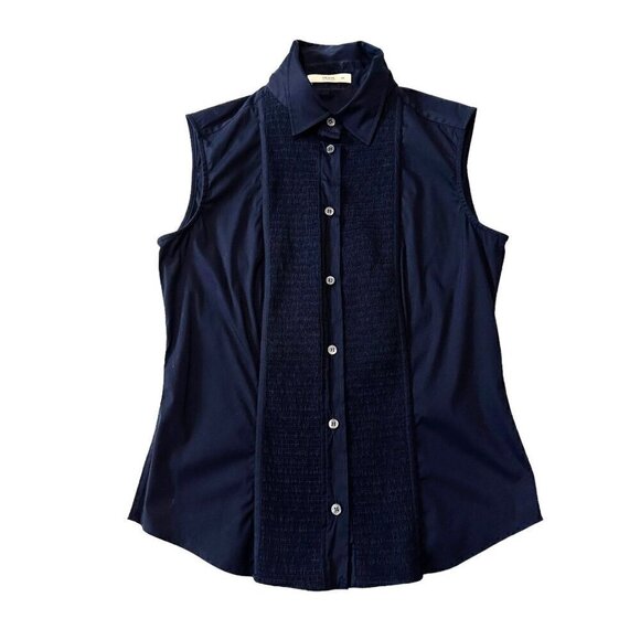 Prada Dark Blue Sleeveless Button Down Shirt, Size 44 Italy, stretch - Picture 14 of 15